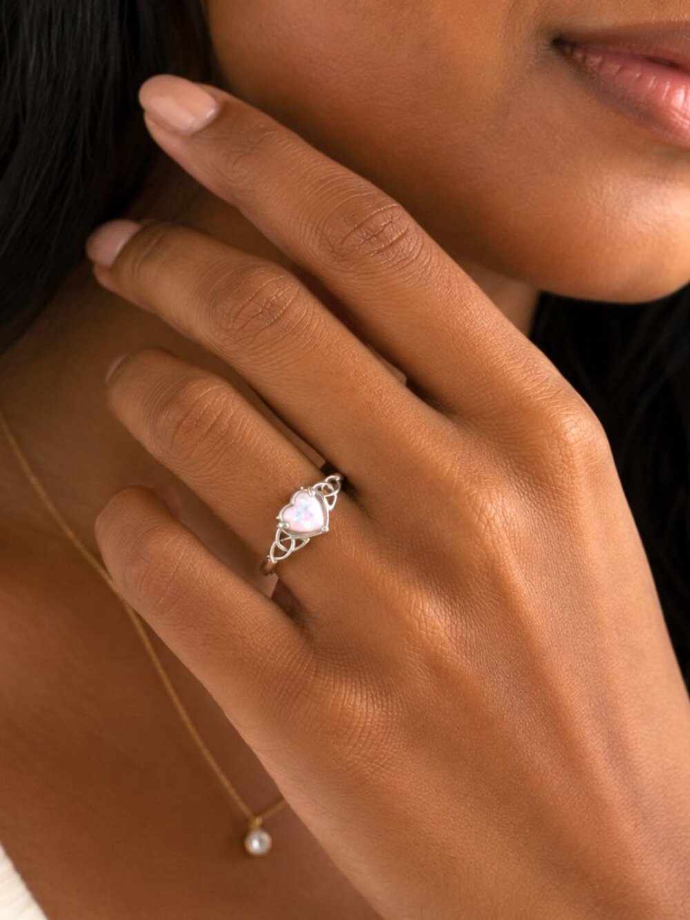 Opal Heart Silver Ring Women Size 7 Bohemian Style Celtic Knot Dainty Promise